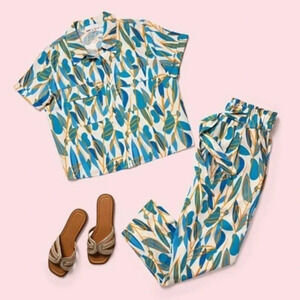 Beautiful Blossom Print Women’s Top And Pants Linen Blend Set Sz M